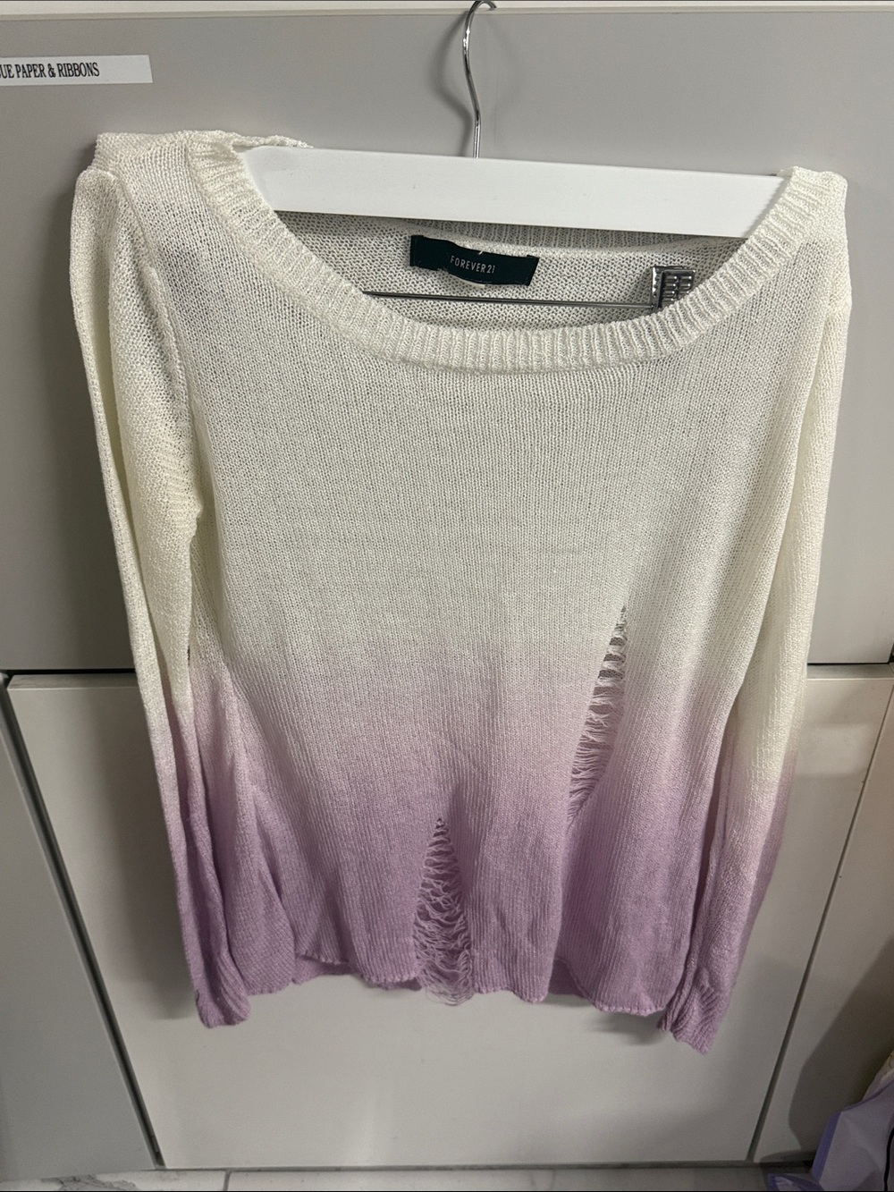 Forever 21 Cream to Lavender Ombre Distressed Crewneck Sweater